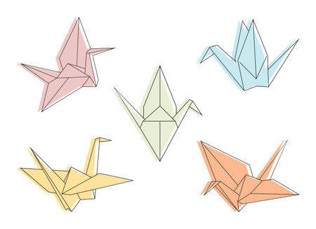 Colored paper cranes outline set. Various paper cranes. Origami flying bird symbol. Vector illustrationのイラスト素材