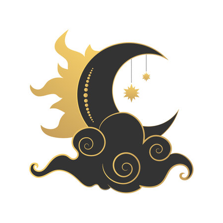 Celestial emblem with golden crescent moon and cloud. Vector illustrationのイラスト素材