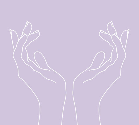 Hand drawn raised cupped hands reaching out to. Raised female hands outline. Vector illustrationのイラスト素材