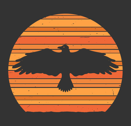 Retro style background with sunset and flying crow. Vintage grunge texture. Vector illustrationのイラスト素材