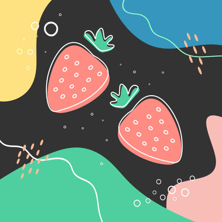 Abstract background with strawberries, shapes and scribbles. Hand drawn strawberry berries. Vector illustrationのイラスト素材