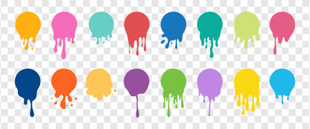 Vector paint splashes with drops, liquid shapes, spots. Multicolored liquid paint. Colored circles with paint drops.のイラスト素材
