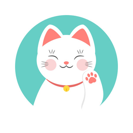 White beckoning cat Maneki neko round icon. Vector illustrationのイラスト素材