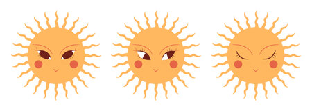 Hand drawn boho sun characters set. Cartoon sun emoji. Vector illustrationのイラスト素材