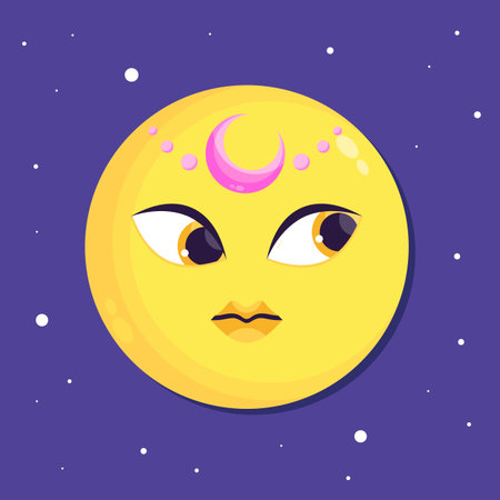 Flat moon character with a crescent diadem. Cartoon moon. Vector illustrationのイラスト素材