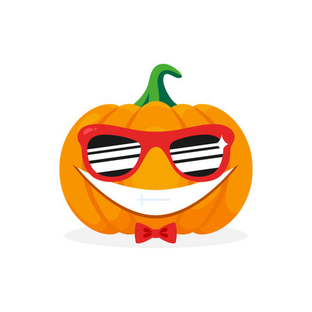Smiling pumpkin in a bow tie and sunglasses. Hipster pumpkin icon. Vector illustrationのイラスト素材