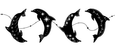 Garland decoration with dolphin silhouettes and white ornaments. Vector illustrationのイラスト素材