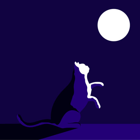 A cat playing with the moon. Minimalistic art. A cat silhouette in the moonlight. Vector illustration.のイラスト素材