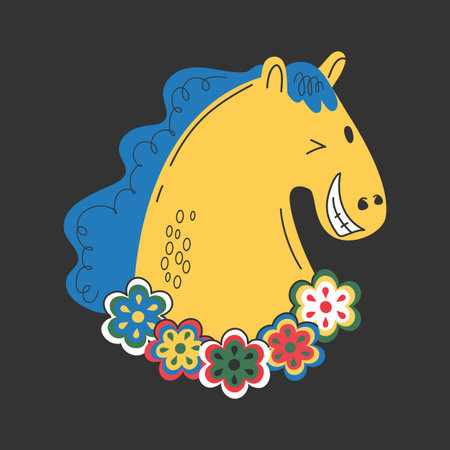 Hand drawn smiling horse emblem. New Year 2026 symbol. Cartoon pony in flower necklace. Vector illustrationのイラスト素材