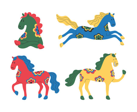 Cute hand drawn decorative horses set. New Year 2026 symbol. Cartoon pony in bright colors. Vector illustrationのイラスト素材