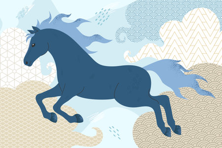 Hand drawn horse in clouds decorated with Asian pattern. Vector illustrationのイラスト素材