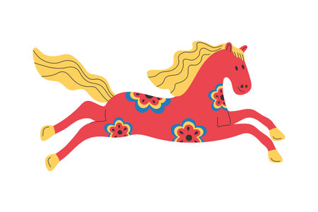 Cute hand drawn horse decorated with flowers. New Year 2026 symbol. Cartoon pony. Vector illustrationのイラスト素材