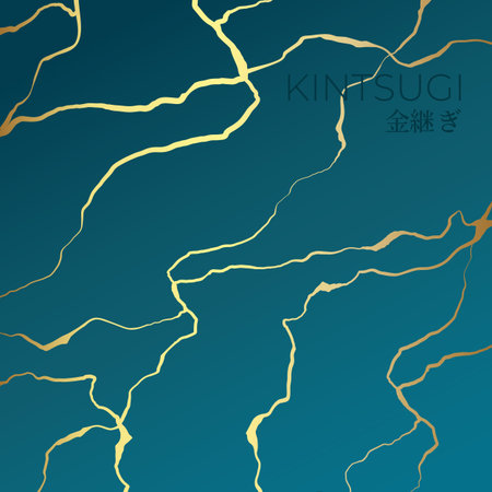 A square background in the Kintsugi style. Golden Kintsugi cracks on a sea green background. Vector illustrationのイラスト素材