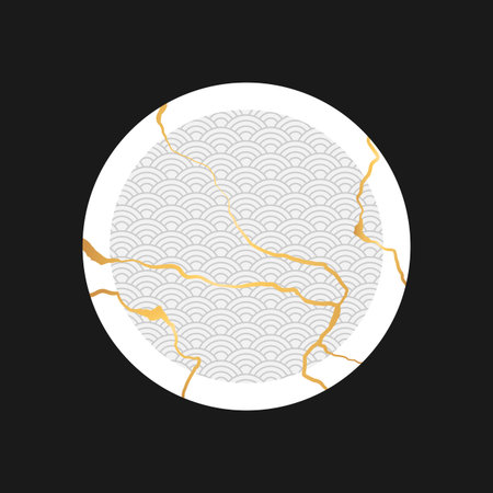 Plate with golden Kintsugi cracks. Repairing Japanese art. Vector illustrationのイラスト素材