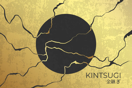 Kintsugi style golden background. Circle with golden Kintsugi cracks. Japanese repair art. Vector illustrationのイラスト素材