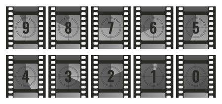 Collection of retro cinema timer counters. Countdown film strip frames with numbers. From 9 to 0. Vector illustrationのイラスト素材