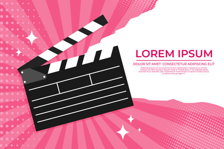 Film festival template with a clapperboard in pop art style. Cinema movie background with a film slate. Vector illustrationのイラスト素材