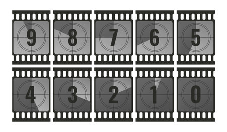 Collection of countdown film strip frames with numbers. From 9 to 0. Retro cinema movie timer counters. Vector illustrationのイラスト素材