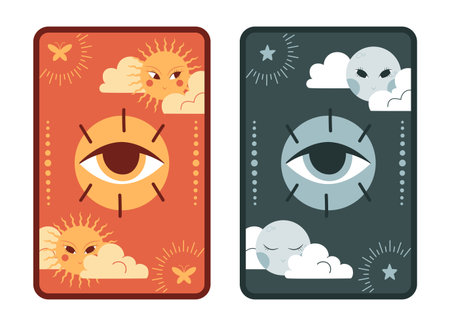 Hand drawn tarot card design with sun and moon characters and magical eye. Vector illustrationのイラスト素材