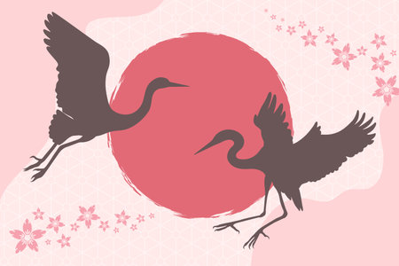Japanese style background with flying cranes silhouettes on red sun background. Vector illustrationのイラスト素材