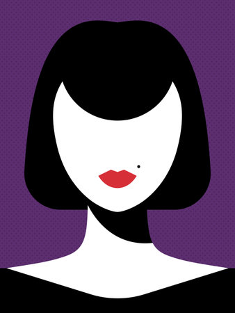 Abstract minimalist portrait of a gothic woman with red lips and beauty mark. Faceless brunette female poster. Vector illustrationのイラスト素材
