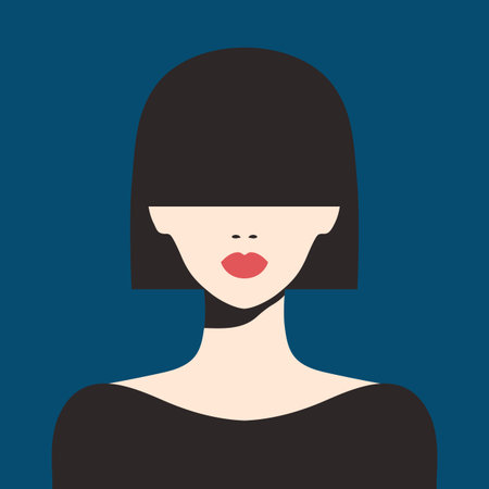 Abstract minimalist portrait of a woman with long bangs covering her eyes. Elegant retro portrait of a woman. Vector illustrationのイラスト素材