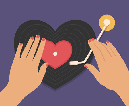 Retro vinyl record player with vinyl record in the shape of heart. Top view. Vector illustrationのイラスト素材