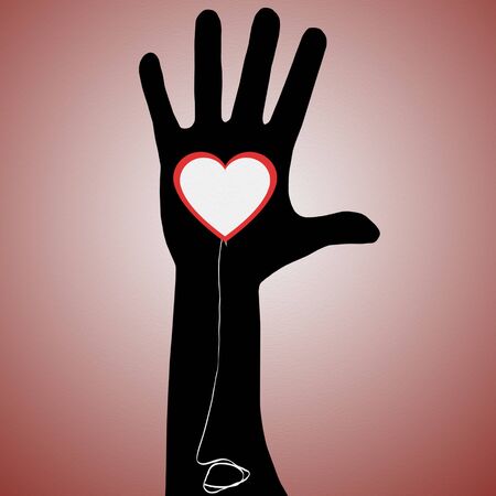 heart in hand. human arm illustration with a balloon heartの写真素材