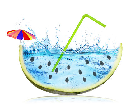 watermelon slice and water splash isolated on white. Summer holiday conceptの写真素材
