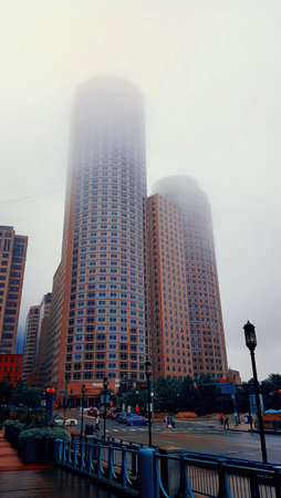 Morning fog on the modern city street in US
