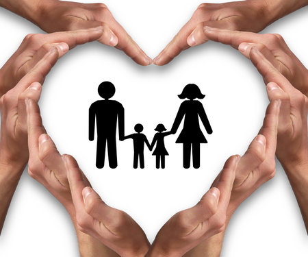 Hands arranged in a heart shape isolated on white background with a family illustration in the middle. Insurance, protection, love, and family conceptの写真素材