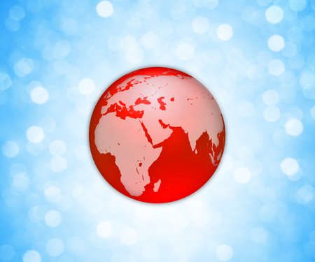 Red colored globe icon with the world map over a blue bokeh background.の写真素材