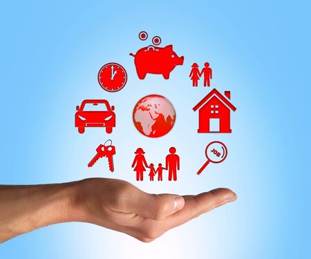 Opened hand make a protection gesture to life values. Family, home, money and property security. Care and insurance conceptの写真素材