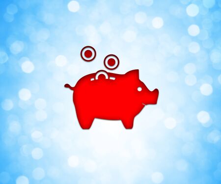 Red colored piggy money bank icon over a blue bokeh background. Home, family conceptの写真素材