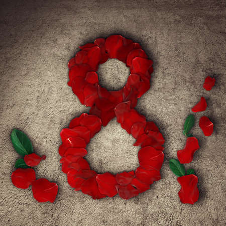 Greeting card with red rose petals arranged in shape of a eight. Eight march, International Women's Dayの写真素材