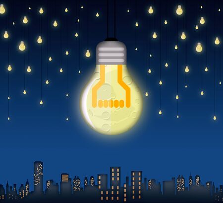 Illustration of moon and stars in shape of bulbs light over a city. Surreal background. Alternative energy conceptの写真素材