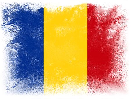 Powder paint exploding in colors of Romania flag isolated on white background. Abstract particles explosion of colorful dust.の写真素材
