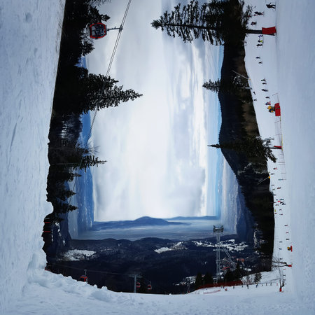 Surreal three dimensional background of the slope on the skiing resort in mountains. Summer vacation...