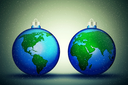 Two Christmas balls with world map pattern. Peaceful winter holidays all over the world. 3D illustration.の写真素材