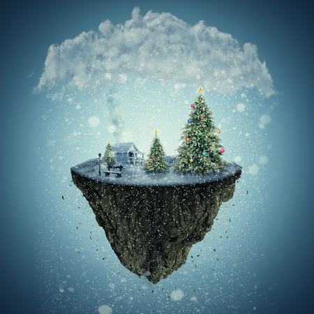Winter holidays illustration of a isolated dreamland, as a flying island covered with snow. Santa's home, decorated Christmas trees and a bench on the edge.の写真素材