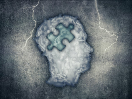 Head made of clouds with puzzle shape inside the brain area. Mental health symbol with lightnings on...