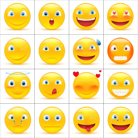 Set of emoticons, smiley faces icons or yellow emoji with different facial expressions in glossy 3D realistic, isolated on white background. Vector illustration.のイラスト素材