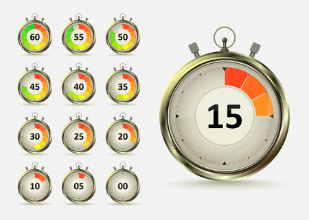 Golden digital timers countdown. Realistic chronometer with different times, vector illustration isolated on white background. Time management symbol.のイラスト素材