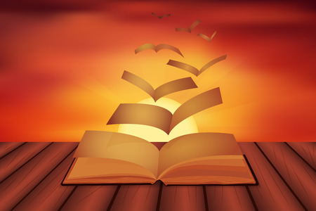 Vector illustration as pages flying out of a book and transform into magic birds, escape on a sunset background. Learning and education concept.のイラスト素材