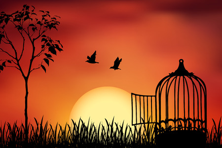 Birds couple escape from a cage, released to nature. Beautiful and positive vector illustration on a orange sunset background. Freedom and togetherness concept.のイラスト素材