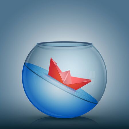 Abstract idea as a red paper origami boat float in a glass bowl with water. Surrounded by the fish tank limitation, nowhere to go. Vector conceptual illustration.のイラスト素材