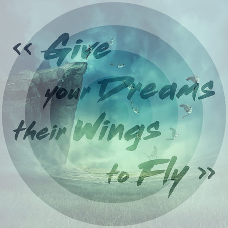 Inspirational words, give your dreams their wings to fly, and a young boy jumping from the edge of a...