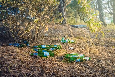 Irresponsible people leaving empty dirty beer bottles and a lot of garbage in the park after feast. Environmental pollution, ecological problem. Bad habit, left trash, glass and plastic in the forest.の写真素材
