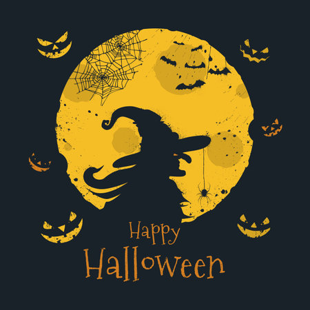 Happy Halloween trick or treat. Witch silhouette over full moon, jack o'lantern, bats and spider web...