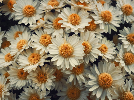 Top view close up of white daisies bouquet composition. Texture pattern of blooming chamomile...